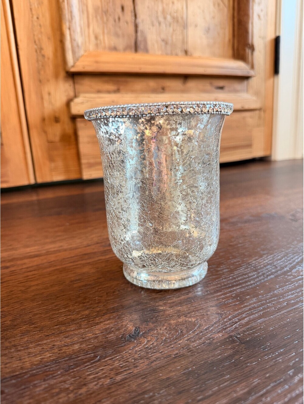 Home Decor | Silver Mercury Crackle Glass Hurricane Candle Holder Vase | 1149
